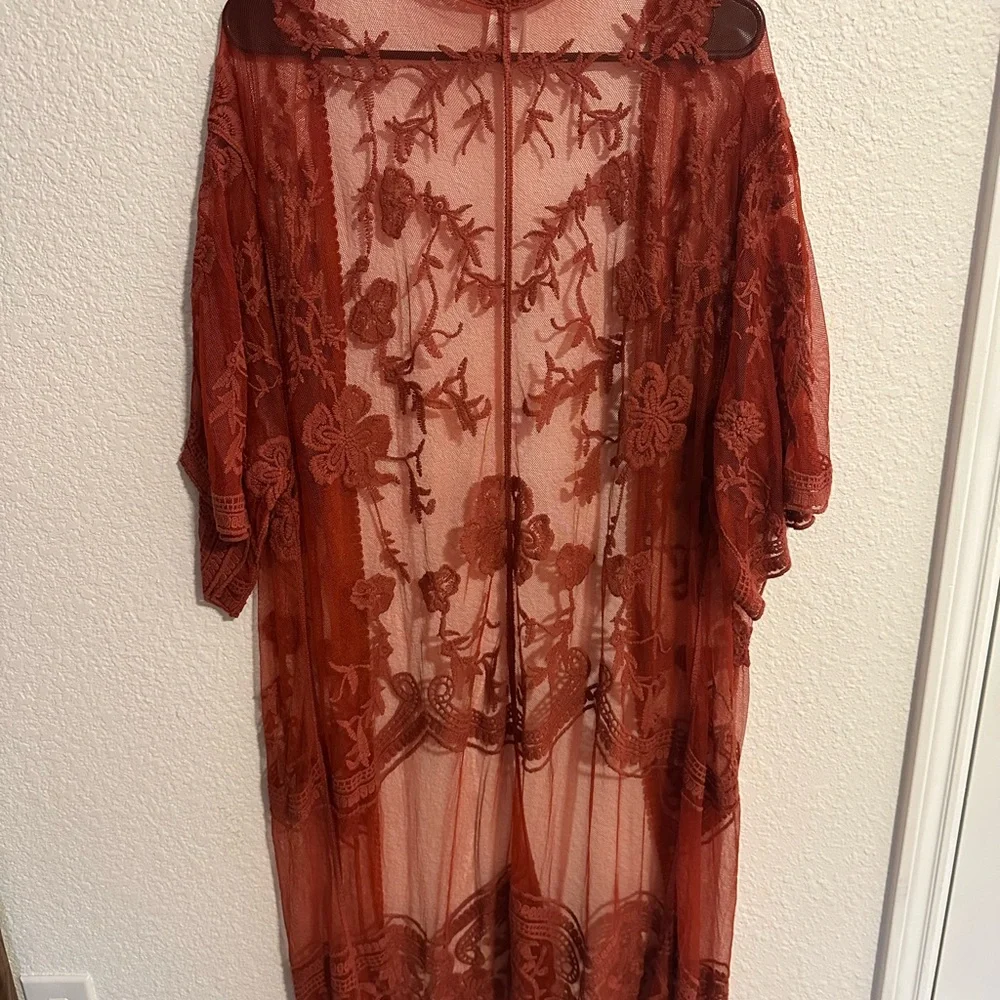 Boho Sheer Lace Kimono/Cardigan in Rust, Elegant, Western, Layered Look Size L - Picture 2 of 2